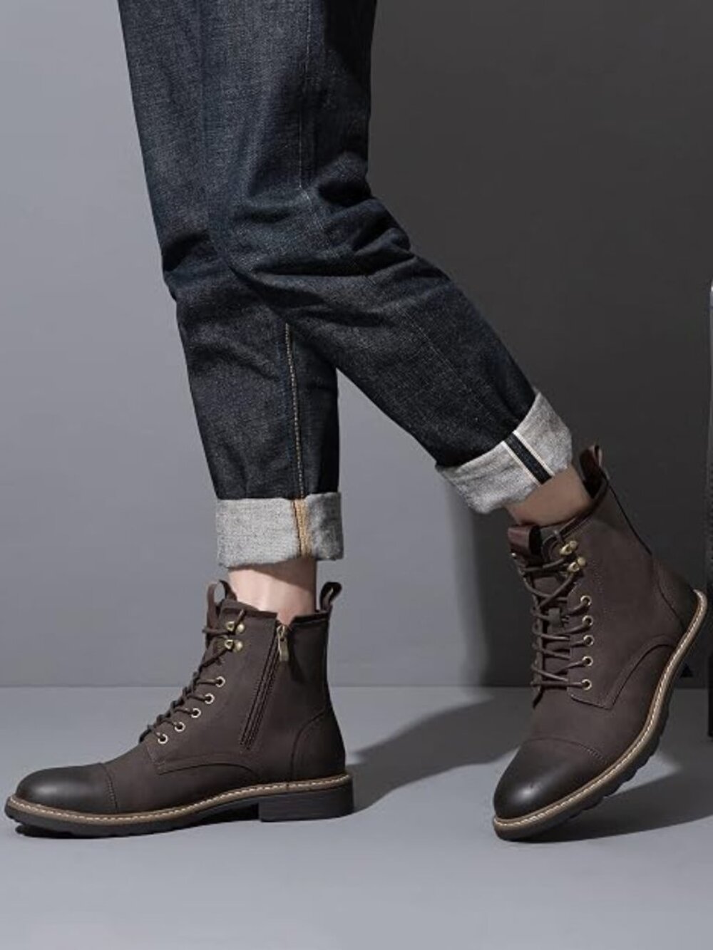 Mens Motorcycle Boots With Side Zipper Dress Boot-Brown